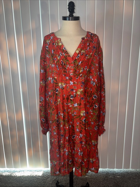 Terra & Sky Dresses & Skirts - Terra & Sky Red Floral Babydoll Dress Plus Size 3X Tiered Boho Long Sleeve Mini